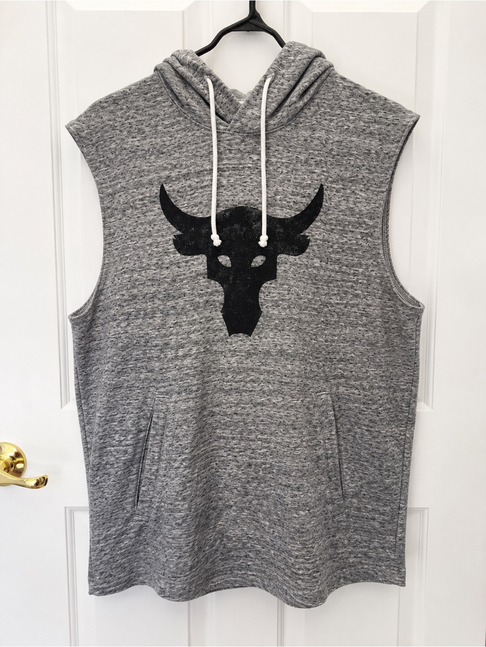 Gray Sleeveless Hoodie with Black Bull Graphic